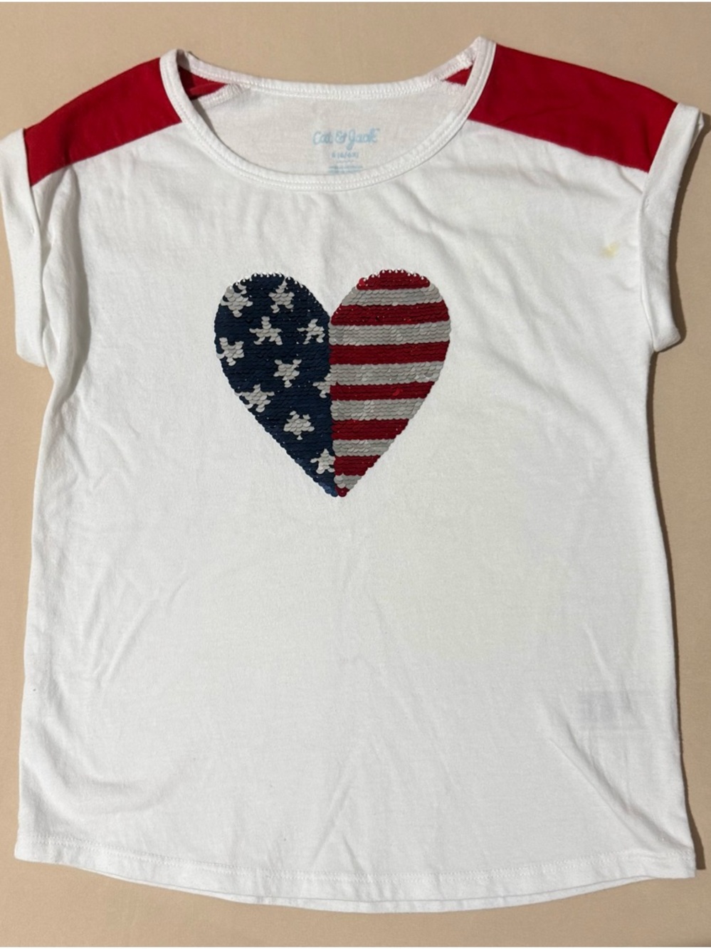 Cat & Jack White Tee with Red Shoulder Panels and Navy & Red Sequin Heart
